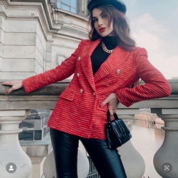 Red, textured double breasted blazer from Zara - NWT - Picture 4 of 14